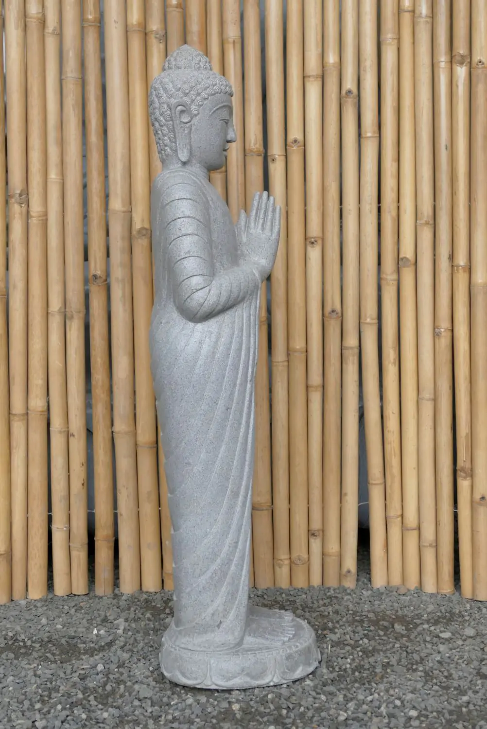  Product image 3 of the product “Standing Buddha made of Riverstone, position Namaskara , H. 122cm. ”